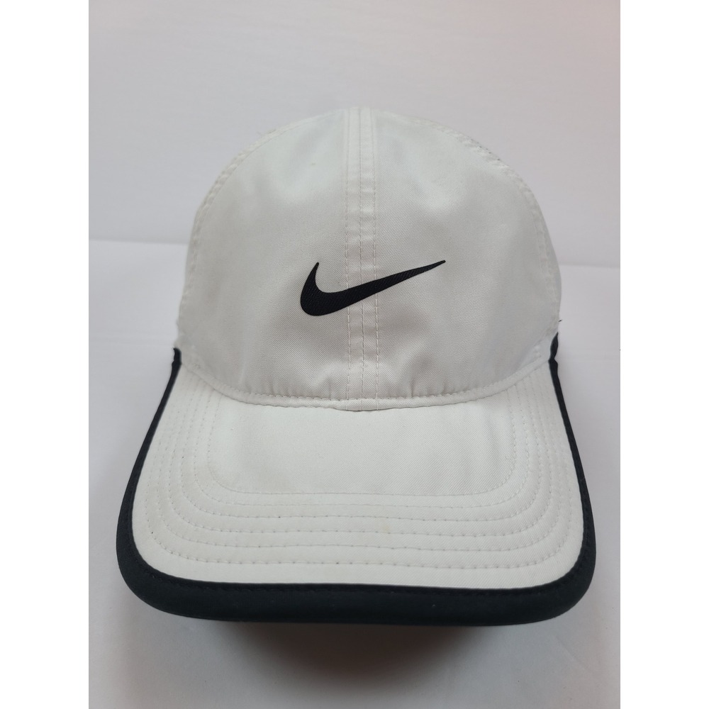 Nike Featherlight Dri-Fit Running Hat White Black Trim‎ Swoosh Cap Adjustable
